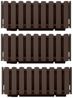 Prosperplast Plantenbak/bloembak Fence look - 3x stuks - kunststof - houtbruin - 38 x 18 x 16 cm