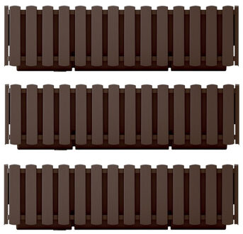 Prosperplast Plantenbak/bloembak Fence look - 3x stuks - kunststof - houtbruin - 58 x 18 x 16 cm