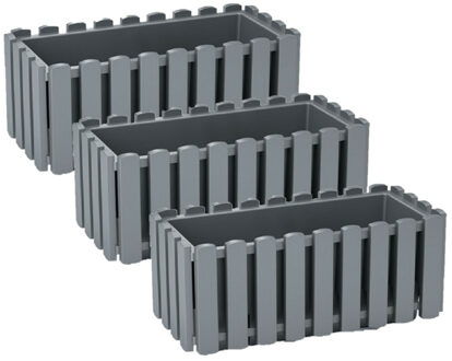 Prosperplast Plantenbak/bloembak Fence look - 3x stuks - kunststof - steengrijs - 38 x 18 x 16 cm