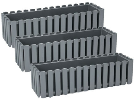 Prosperplast Plantenbak/bloembak Fence look - 3x stuks - kunststof - steengrijs - 58 x 18 x 16 cm