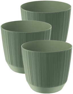 Prosperplast Plantenpot - 3x stuks - stripe - olijfgroen - D20xH17 cm