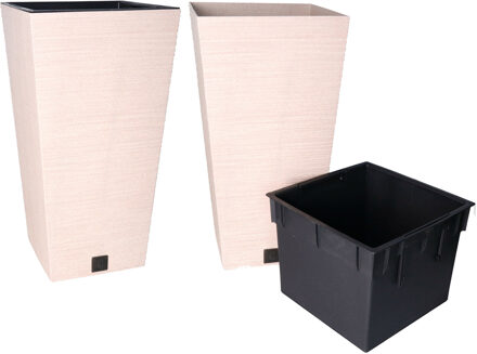 Prosperplast Plantenpot/bloempot - 2x - buiten - kunststof - beige/creme - Eco wood look - D26 x H50 cm - Plantenpotten Wit