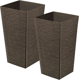 Prosperplast Plantenpot/bloempot - 2x - buiten - kunststof - koffie bruin - Eco wood look - D26 x H50 cm - Plantenpotten