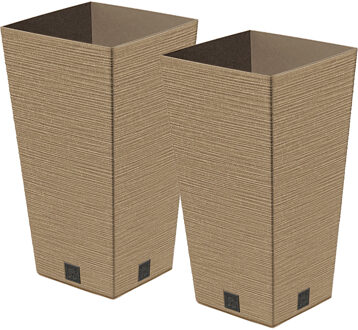 Prosperplast Plantenpot/bloempot - 2x - buiten - kunststof - lichtbruin - Eco wood look - D20 x H38 cm - Plantenpotten