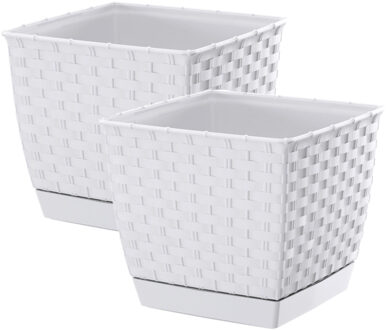 Prosperplast Plantenpot/bloempot - 2x - rotan kunststof - 16.5 x 16.5 cm - parel wit