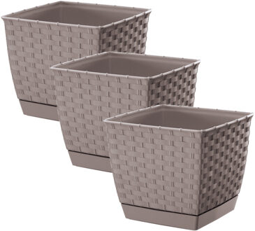 Prosperplast Plantenpot/bloempot - 3x - rotan kunststof - 16.5 x 16.5 cm - beige