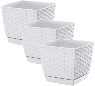 Prosperplast Plantenpot/bloempot - 3x - rotan kunststof - 16.5 x 16.5 cm - parel wit