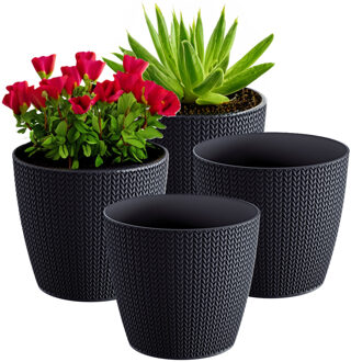 Prosperplast Plantenpot/Bloempot - 4x - antraciet - geribbeld - D16 x H14 cm - kunststof - binnen/buiten