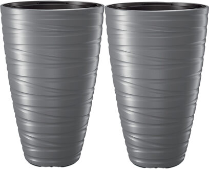 Prosperplast Plantenpot/bloempot Amazing - 2x - buiten/binnen - kunststof - steengrijs - D37 x H58 cm - Plantenpotten