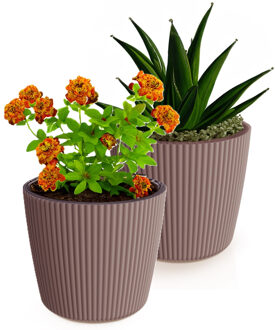 Prosperplast Plantenpot/bloempot Buckingham - 2x - buiten/binnen - kunststof - terra bruin - D14 x H13 cm