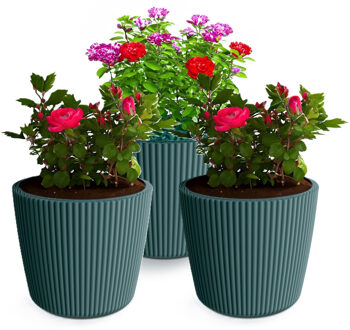 Prosperplast Plantenpot/bloempot Buckingham - 3x - buiten/binnen - kunststof - zeeblauw - D14 x H13 cm