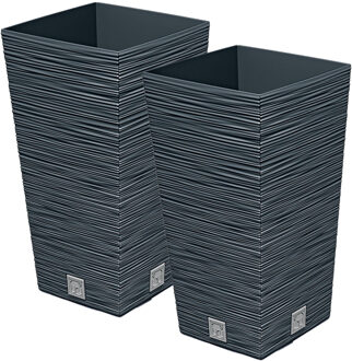 Prosperplast Plantenpot/bloempot Furu Stripes - 2x - voor buiten - kunststof - antraciet - vierkant - D20 x H38 cm - Pla Grijs