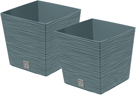 Prosperplast Plantenpot/bloempot Furu Stripes - 2x - voor buiten - kunststof - blauw - vierkant - D29.5 x H29 cm