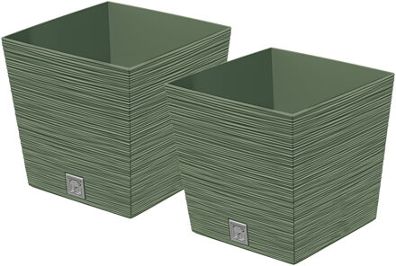 Prosperplast Plantenpot/bloempot Furu Stripes - 2x - voor buiten - kunststof - bosgroen - vierkant - D24 x H23.5 cm - Pl