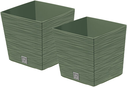 Prosperplast Plantenpot/bloempot Furu Stripes - 2x - voor buiten - kunststof - bosgroen - vierkant - D29.5 x H29