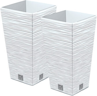 Prosperplast Plantenpot/bloempot Furu Stripes - 2x - voor buiten - kunststof - wit - vierkant - D20 x H38 cm - Plantenpo