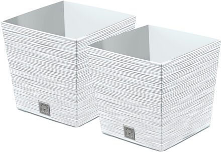Prosperplast Plantenpot/bloempot Furu Stripes - 2x - voor buiten - kunststof - wit - vierkant - D24 x H23.5 cm