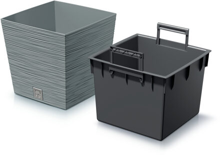 Prosperplast Plantenpot/bloempot Furu Stripes - voor buiten - kunststof - lichtgrijs - vierkant - D24 x H23.5 cm
