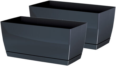 Prosperplast Plantenpot/bloempot met opvangschaal - 2x - kunststof - antraciet - 40 x 19 x 18 cm - binnen/buiten