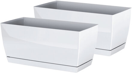 Prosperplast Plantenpot/bloempot met opvangschaal - 2x - kunststof - parel wit - 24 x 12 x 11 cm - binnen/buiten