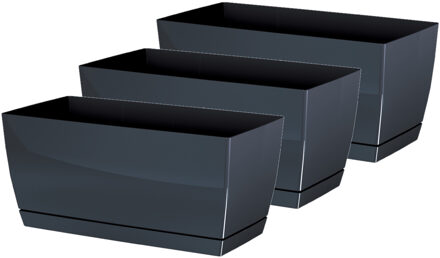 Prosperplast Plantenpot/bloempot met opvangschaal - 3x - kunststof - antraciet - 29 x 14 x 14 cm - binnen/buiten