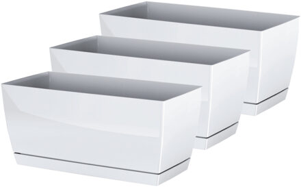 Prosperplast Plantenpot/bloempot met opvangschaal - 3x - kunststof - parel wit - 24 x 12 x 11 cm - binnen/buiten