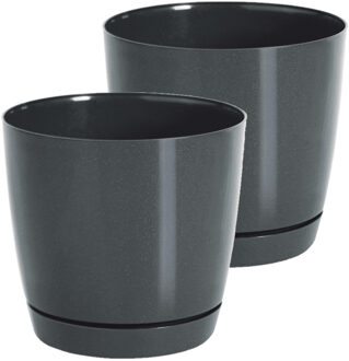 Prosperplast Plantenpot/bloempot met opvangschaal - Set van 2x stuks - kunststof - antraciet - D18 x H17 cm - bin