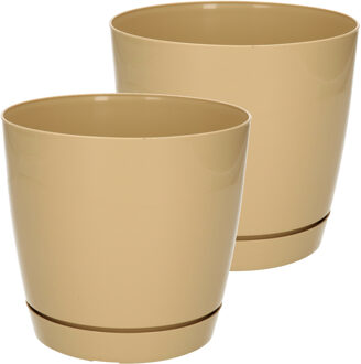 Prosperplast Plantenpot/bloempot met opvangschaal - Set van 2x stuks - kunststof - beige - D16 x H14 cm - binnen/