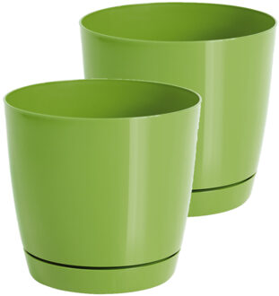 Prosperplast Plantenpot/bloempot met opvangschaal - Set van 2x stuks - kunststof - lime groen - D21 x H19 cm - bi