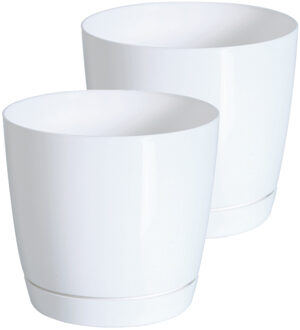 Prosperplast Plantenpot/bloempot met opvangschaal - Set van 2x stuks - kunststof - parel wit - D28 x H26 cm - bin