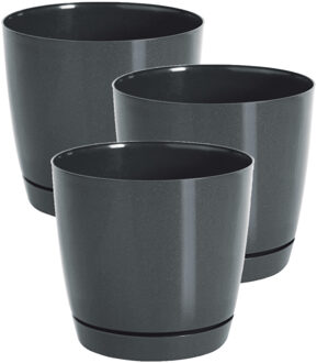 Prosperplast Plantenpot/bloempot met opvangschaal - Set van 3x stuks - kunststof - antraciet - D16 x H14 cm - bin
