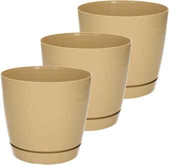 Prosperplast Plantenpot/bloempot met opvangschaal - Set van 3x stuks - kunststof - beige - D16 x H14 cm - binnen/