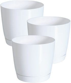 Prosperplast Plantenpot/bloempot met opvangschaal - Set van 3x stuks - kunststof - parel wit - D18 x H17 cm - bin