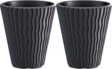 Prosperplast Plantenpot/bloempot Sand Waves - 2x - buiten/binnen - kunststof - antraciet - D35 x H38 cm