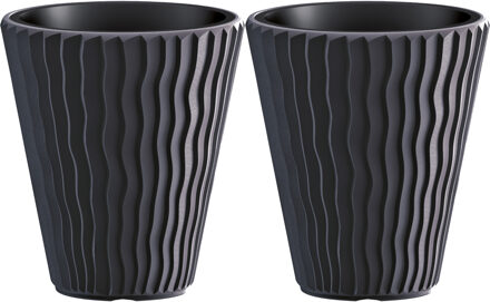 Prosperplast Plantenpot/bloempot Sand Waves - 2x - buiten/binnen - kunststof - antraciet - D39 x H43 cm - Plantenpotten Grijs