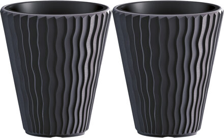 Prosperplast Plantenpot/bloempot Sand Waves - 2x - buiten/binnen - kunststof - antraciet - D39 x H43 cm