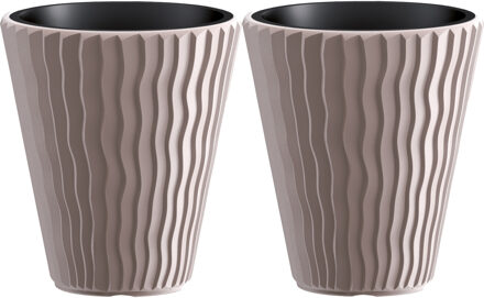 Prosperplast Plantenpot/bloempot Sand Waves - 2x - buiten/binnen - kunststof - beige - D30 x H33 cm - Plantenpotten