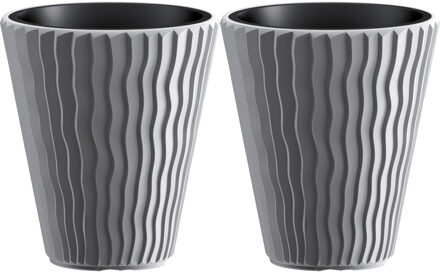 Prosperplast Plantenpot/bloempot Sand Waves - 2x - buiten/binnen - kunststof - steengrijs - D35 x H38 cm