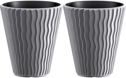 Prosperplast Plantenpot/bloempot Sand Waves - 2x - buiten/binnen - kunststof - steengrijs - D39 x H43 cm
