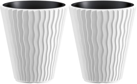 Prosperplast Plantenpot/bloempot Sand Waves - 2x - buiten/binnen - kunststof - wit - D30 x H33 cm