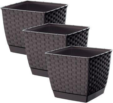 Prosperplast Plantenpot/bloempot - Set van 3x stuks - rotan kunststof - 22 x 19 cm - bruin