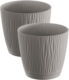 Prosperplast Plantenpot/bloempot Waves - 2x stuks - kunststof - steengrijs - D28 x H26 cm - binnen/buiten