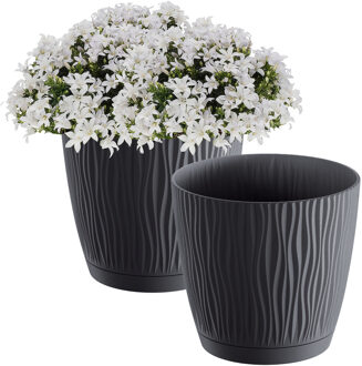 Prosperplast Plantenpot/Bloempot Waves - 3x - kunststof - antraciet - D13 x H12 cm - binnen/buiten