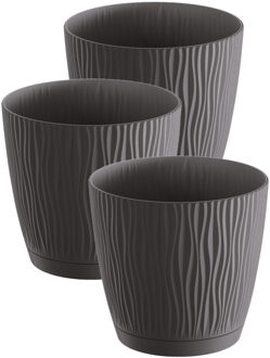 Prosperplast Plantenpot/bloempot Waves - 3x stuks - kunststof - antraciet grijs - D15 x H14 cm - binnen/buiten