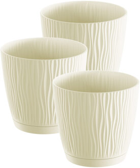 Prosperplast Plantenpot/bloempot Waves - 3x stuks - kunststof - creme wit - D15 x H14 cm - binnen/buiten