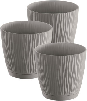 Prosperplast Plantenpot/bloempot Waves - 3x stuks - kunststof - steengrijs - D24 x H23 cm - binnen/buiten