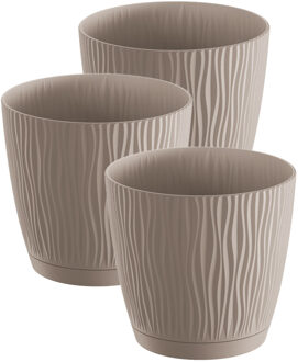Prosperplast Plantenpot/bloempot Waves - 3x stuks - kunststof - taupe - D15 x H14 cm - binnen/buiten