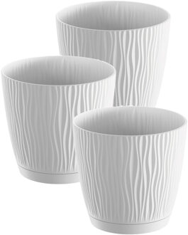 Prosperplast Plantenpot/bloempot Waves - 3x stuks - kunststof - wit - D13 x H12 cm - binnen/buiten