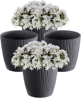 Prosperplast Plantenpot/Bloempot Waves - 4x - kunststof - antraciet - D13 x H12 cm - binnen/buiten