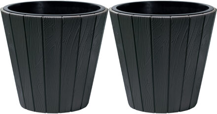 Prosperplast Plantenpot/bloempot Wood Style - 2x - buiten/binnen - kunststof - antraciet - D30 x H28 cm - Plantenpotten Grijs